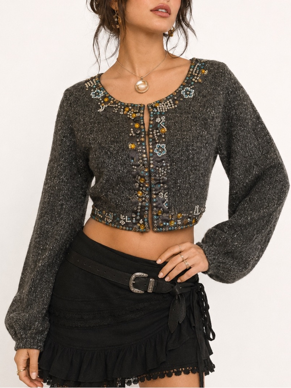CENIT Vintage 90s Y2K Embellished Cropped Cardigan Mohair Blend Boho Glam Small